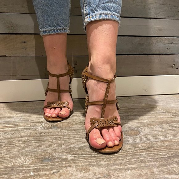 L.A.M.B. Caged + Studded Sandal Heel in Brown - Picture 3 of 6